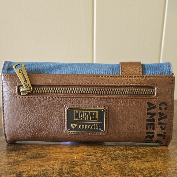 Loungefly Blue and Brown Wallet with Captain American Shield and Flag Design - Picture 3 of 5